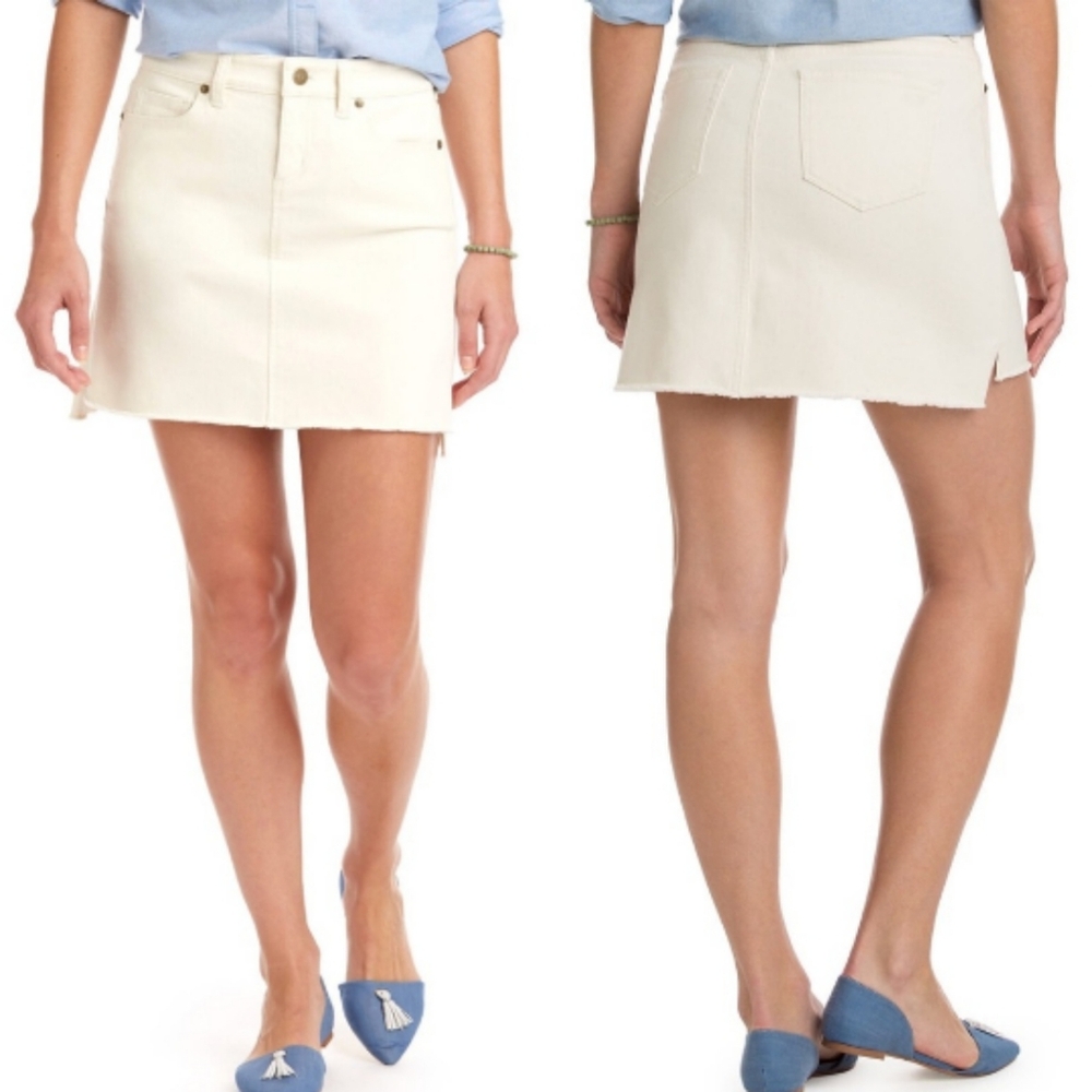 Vineyard Vines Marshmallow Jean Denim Skirt Womens 2 Cream High Low Fringe Hem